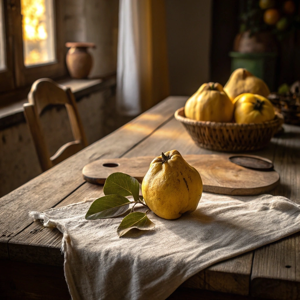 A quince pie, showcasing the fruit's beautiful color and texture. alt text: Homemade quince fruit pie