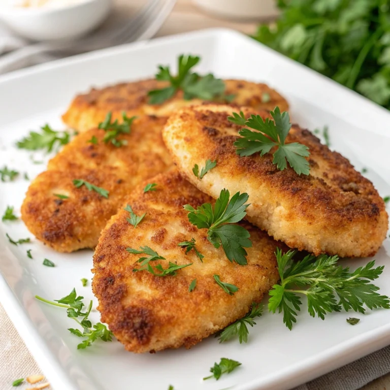 Golden brown chicken cutlets on a plate