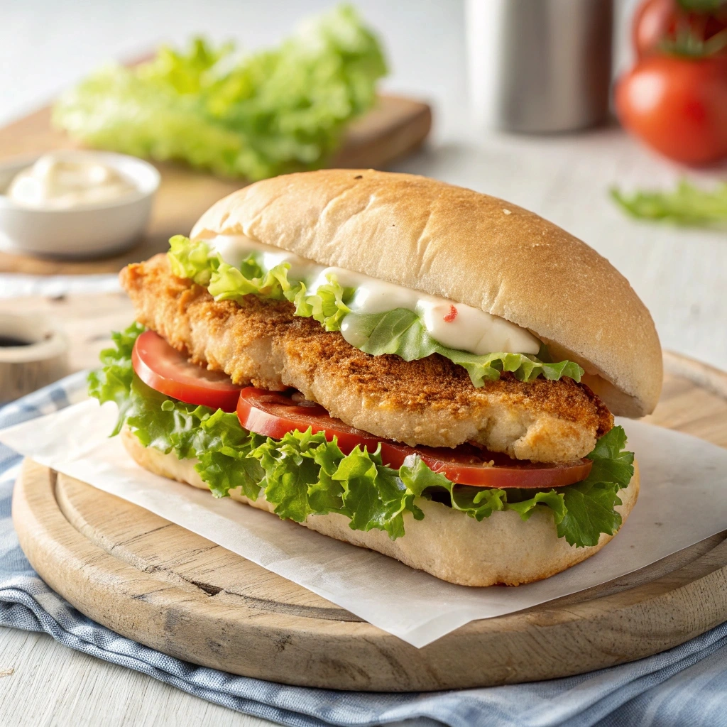 A delicious chicken cutlet sandwich on a toasted bun