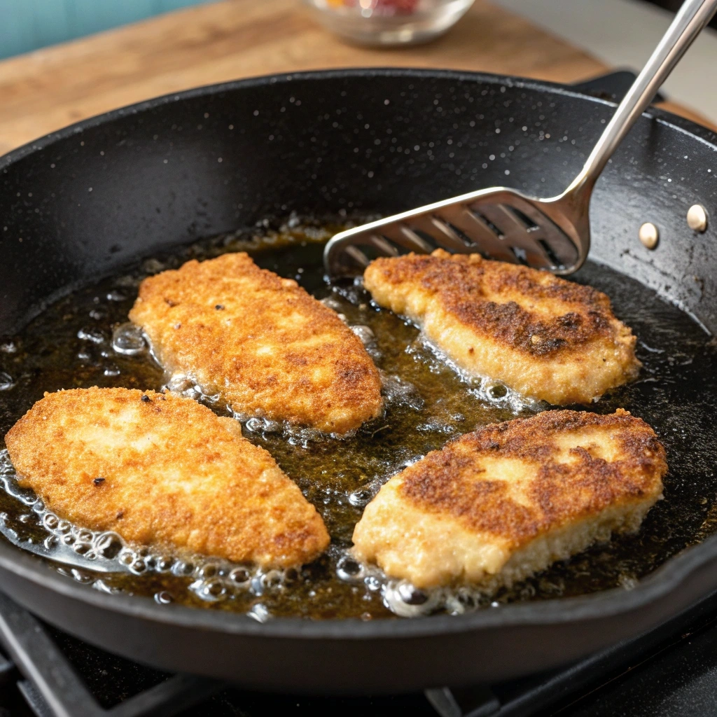 Chicken cutlets marinating in a glass bowl