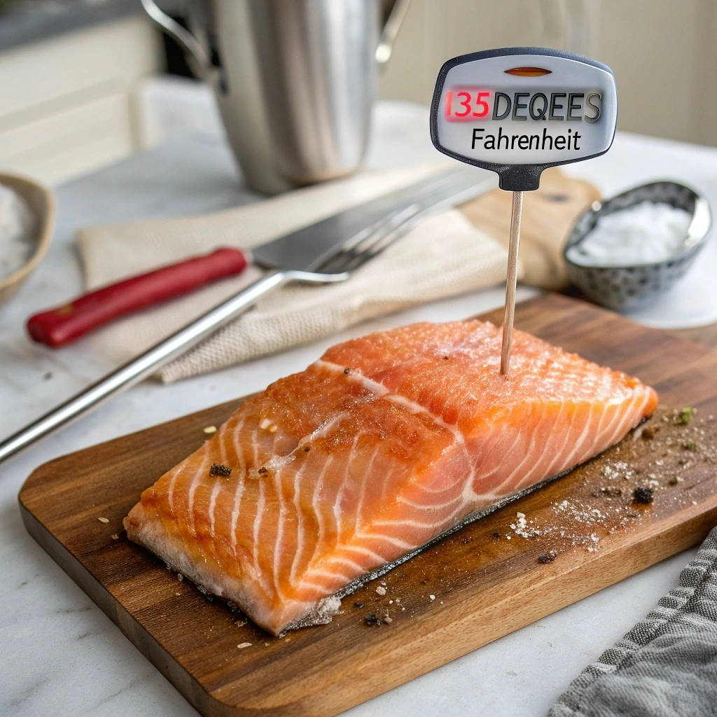 Measuring salmon internal temp with a digital thermometer