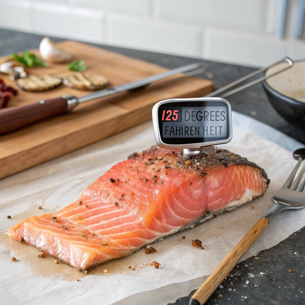 Measuring salmon internal temp with a digital thermometer