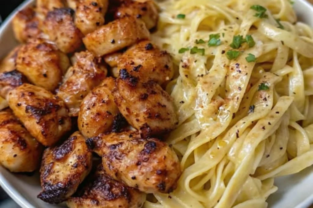 Cajun Chicken Bites with a Creamy Cheesy Fettuccine Alfredo