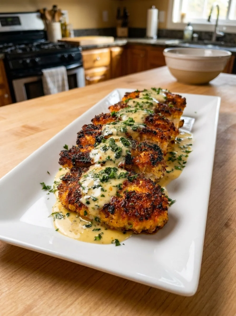 Crispy Garlic Parmesan Chicken with Creamy Herb Sauce