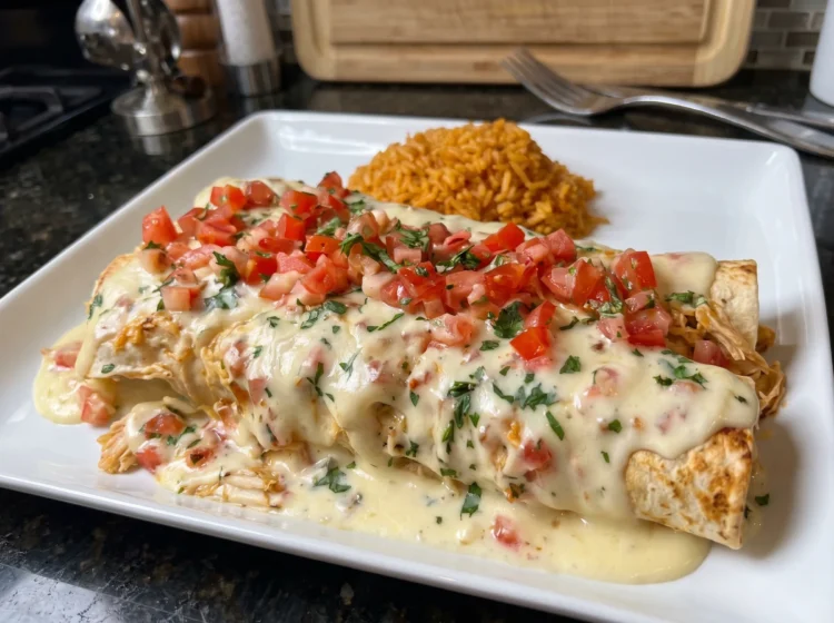Creamy Queso Chicken Enchiladas with Fresh Pico