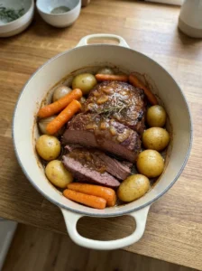 Classic Pot Roast with Potatoes Carrots Onion Gravy