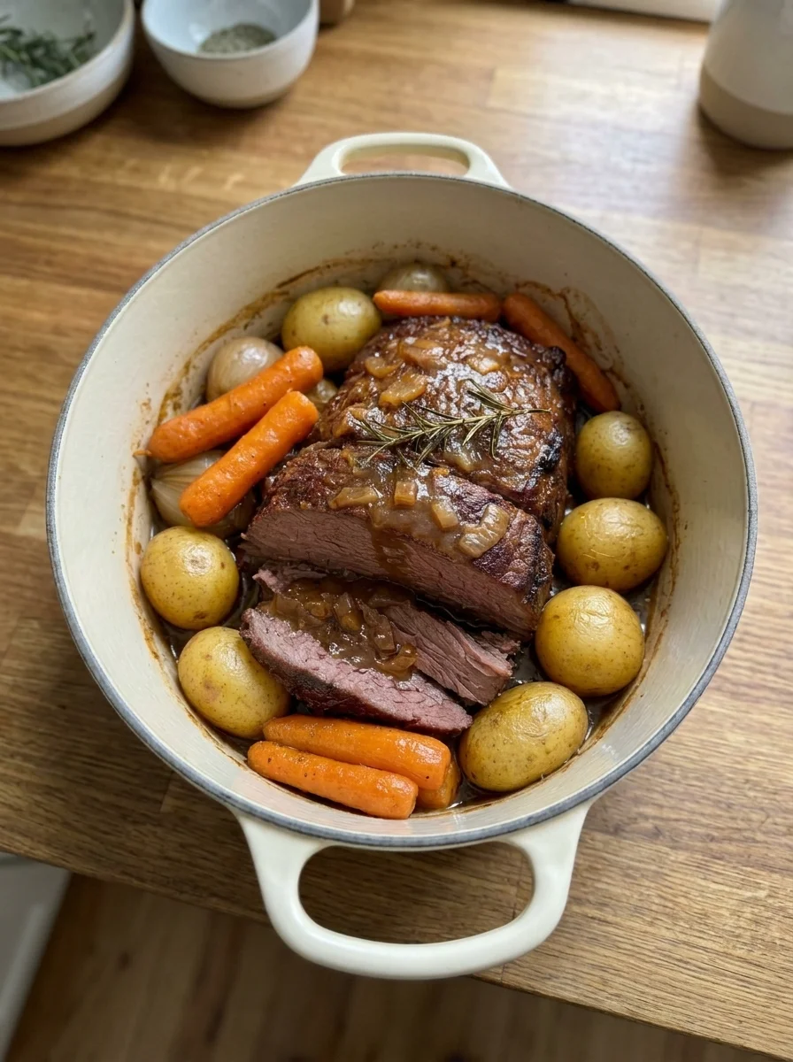 Classic Pot Roast with Potatoes Carrots Onion Gravy