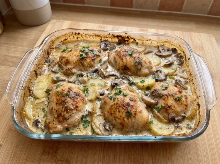 Creamy Garlic Mushroom Chicken Potato Bake