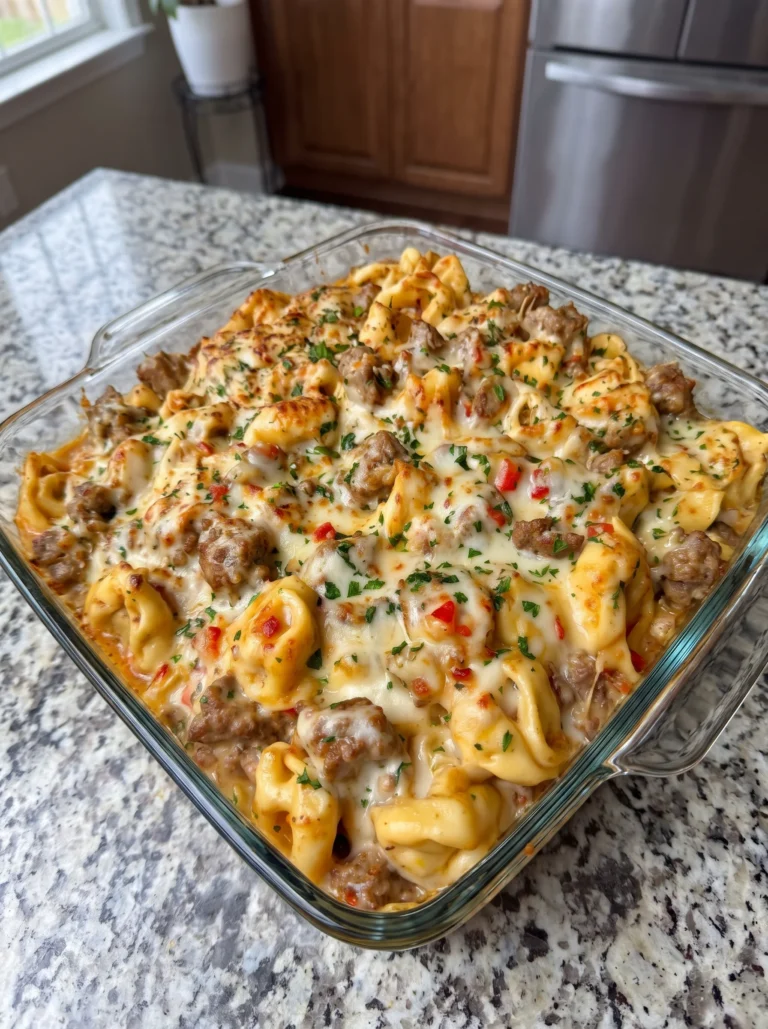 Creamy Beef Cheese Tortellini Bake