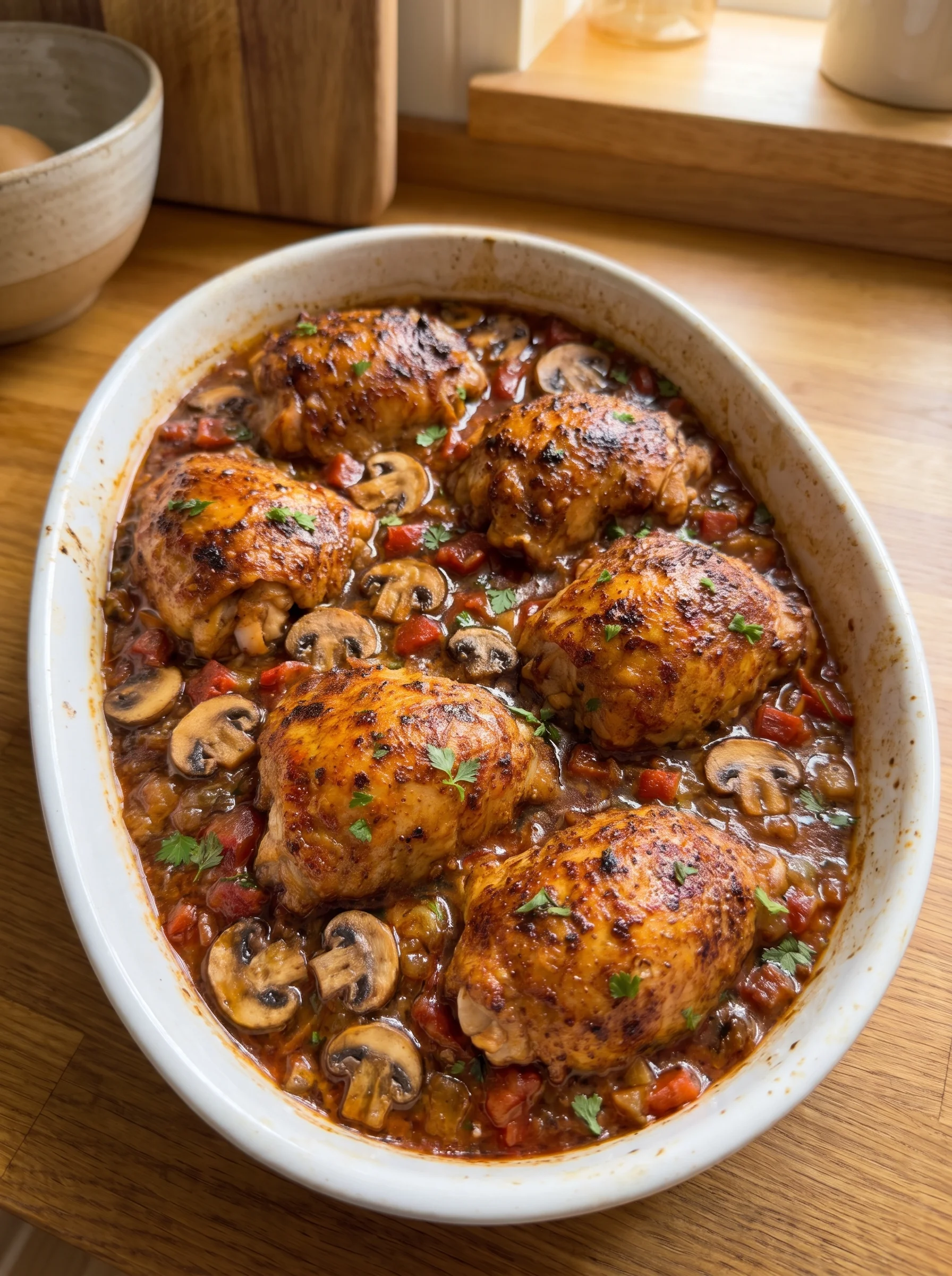 Rustic Baked Chicken Thighs with Mushrooms Tomatoes