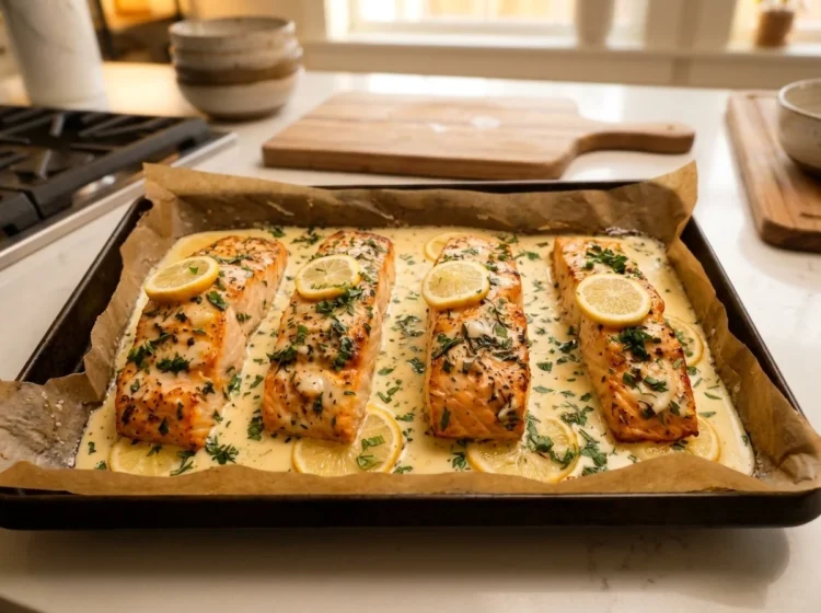 Creamy Lemon Garlic Salmon Bake