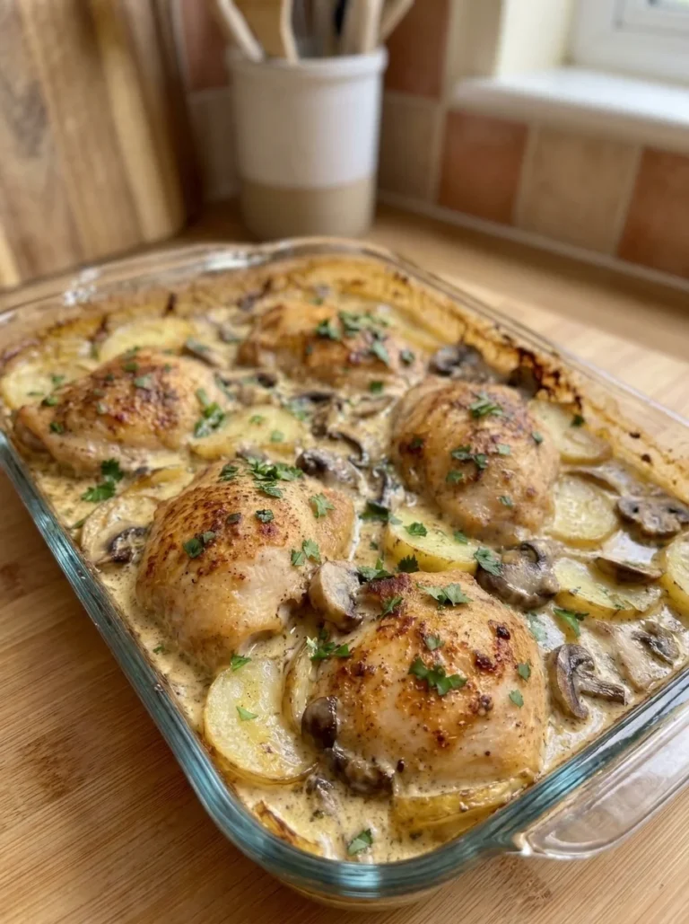 Creamy Garlic Mushroom Chicken Potato Bake