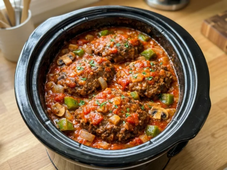 Slow Cooker Salisbury Steak with Tomato Mushroom Gravy