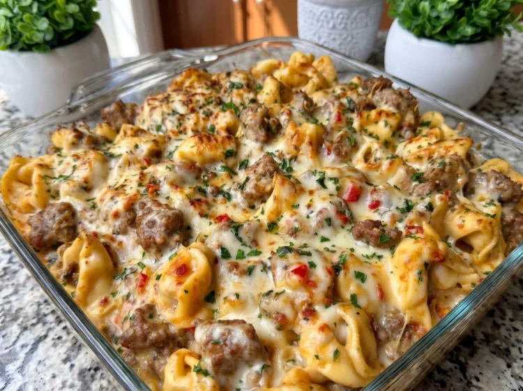 Creamy Beef Cheese Tortellini Bake