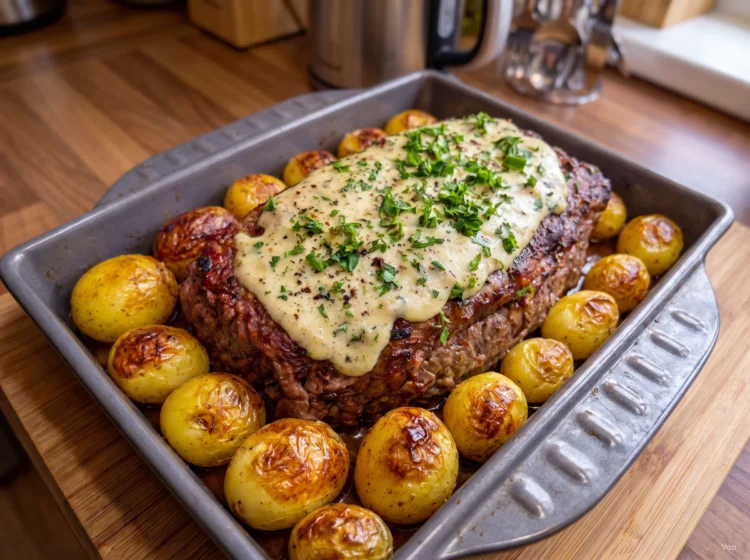 Creamy Garlic Cheese Roast Beef with Golden Potatoes