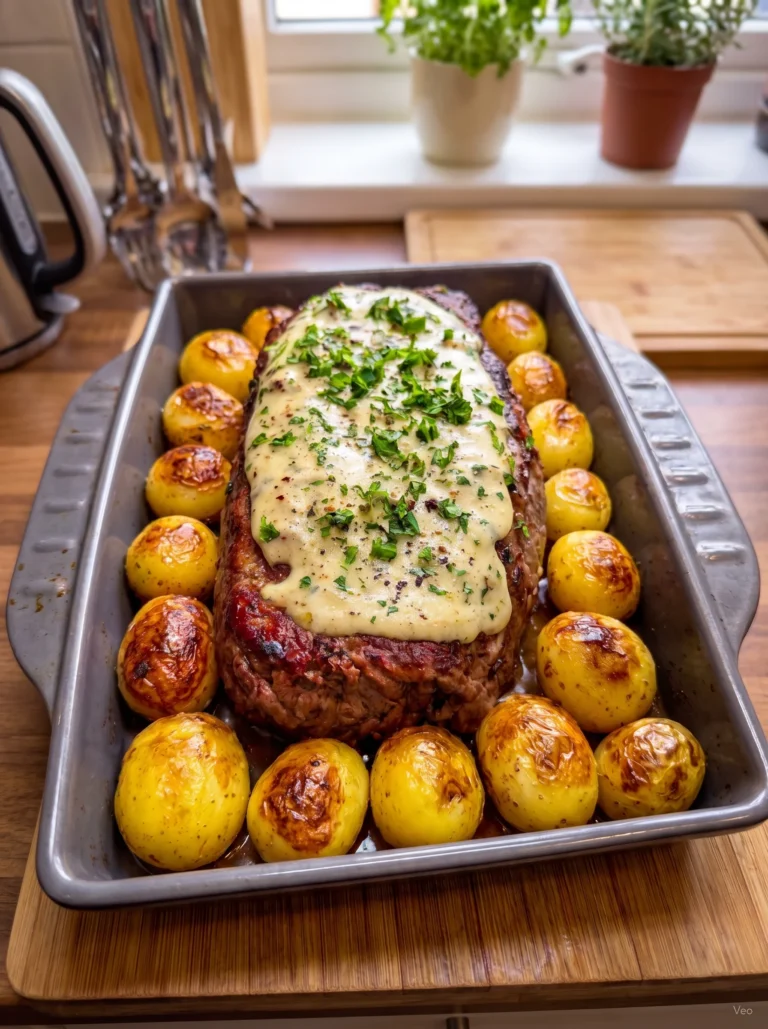 Creamy Garlic Cheese Roast Beef with Golden Potatoes