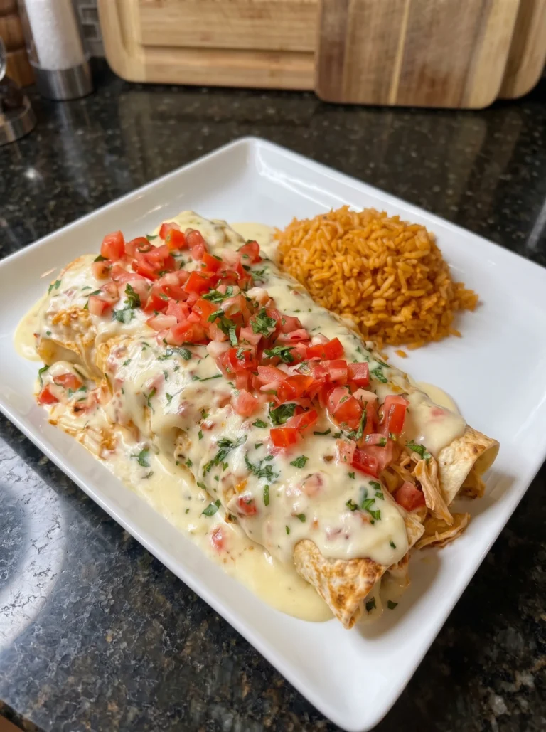 Creamy Queso Chicken Enchiladas with Fresh Pico