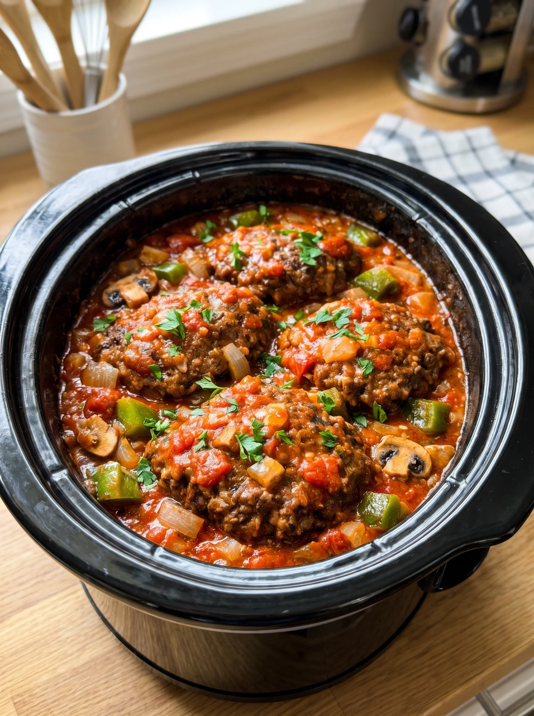 Slow Cooker Salisbury Steak with Tomato Mushroom Gravy