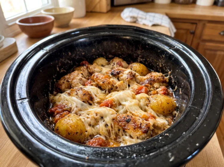 Slow Cooker Cheesy Garlic Chicken Baby Potatoes
