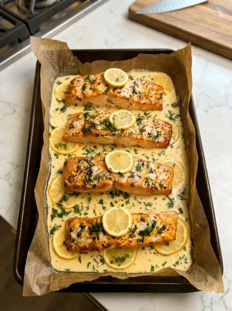 Creamy Lemon Garlic Salmon Bake