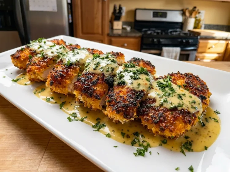 Crispy Garlic Parmesan Chicken with Creamy Herb Sauce