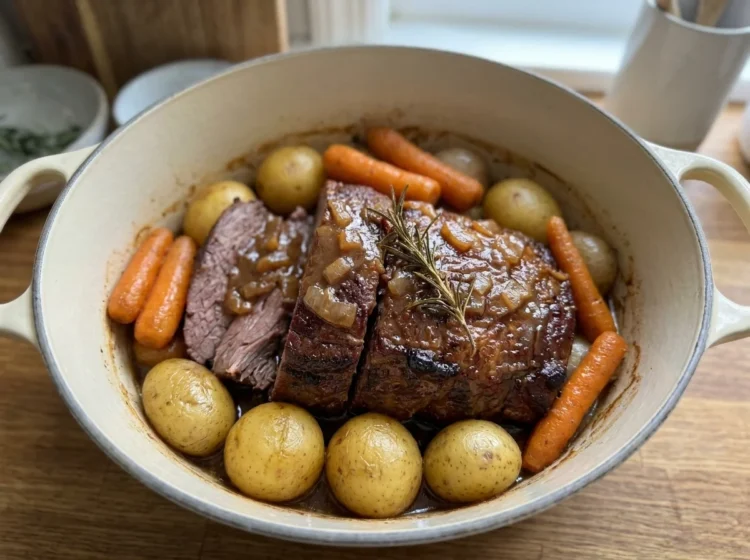 Classic Pot Roast with Potatoes Carrots Onion Gravy