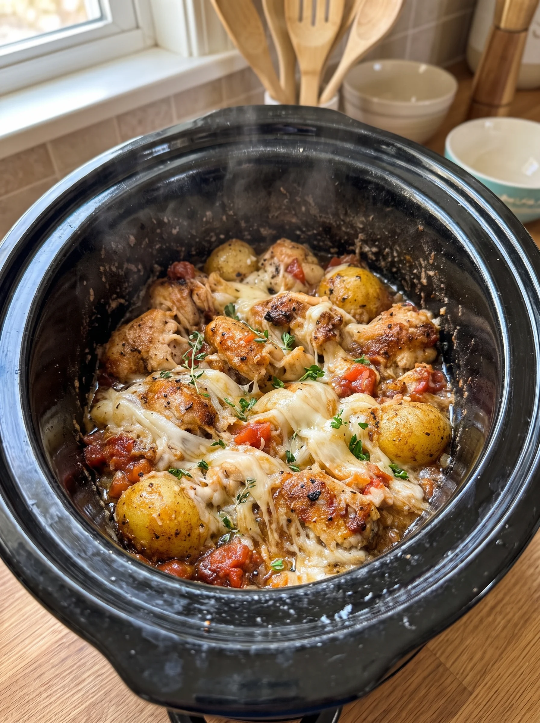 Slow Cooker Cheesy Garlic Chicken Baby Potatoes