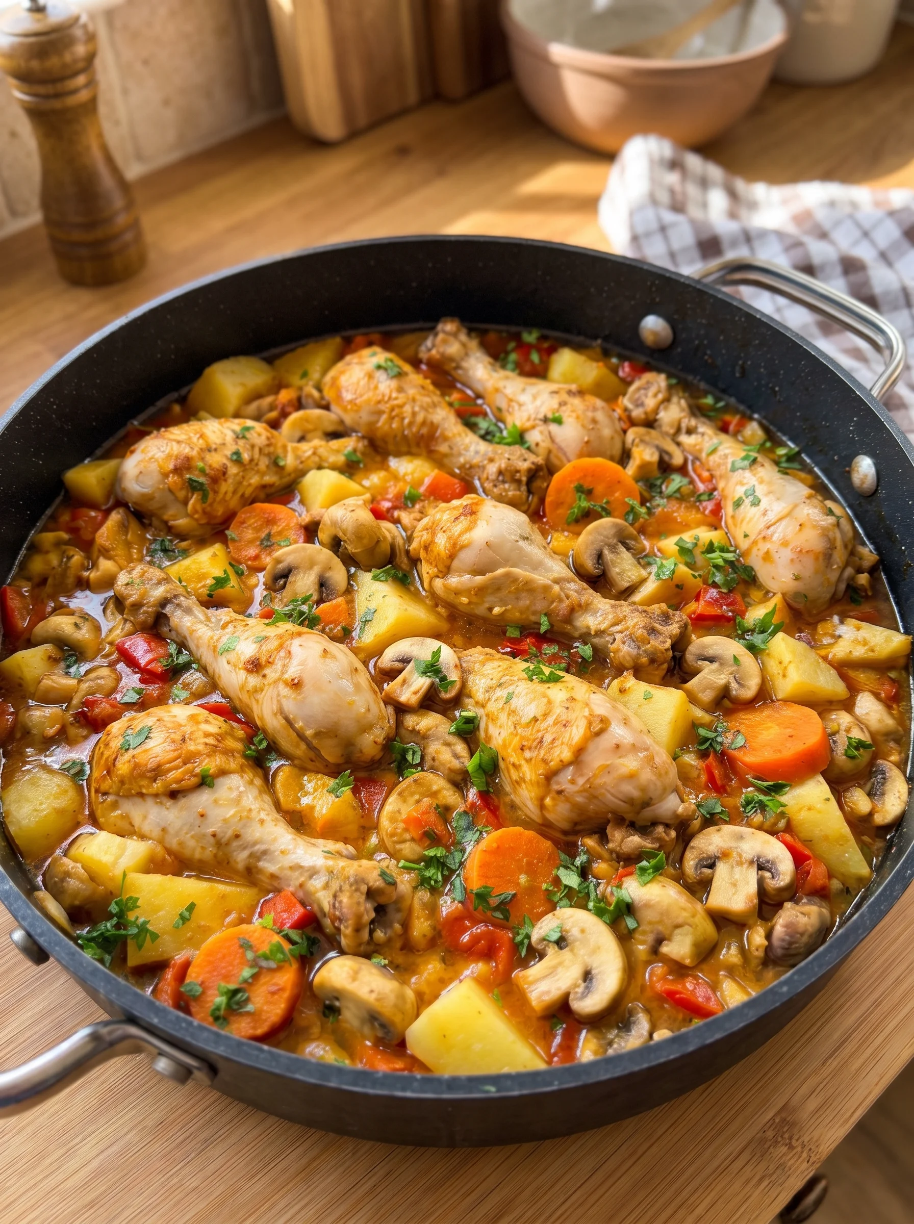 One-Pot Chicken Drumsticks with Potatoes Mushrooms