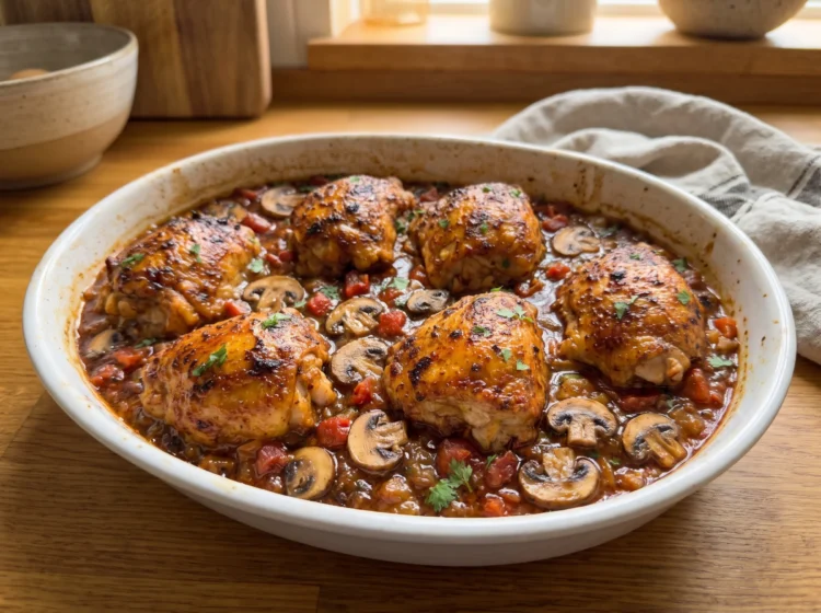 Rustic Baked Chicken Thighs with Mushrooms Tomatoes