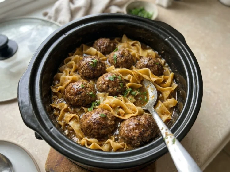 Slow Cooker Meatballs Egg Noodles in Rich Brown Gravy