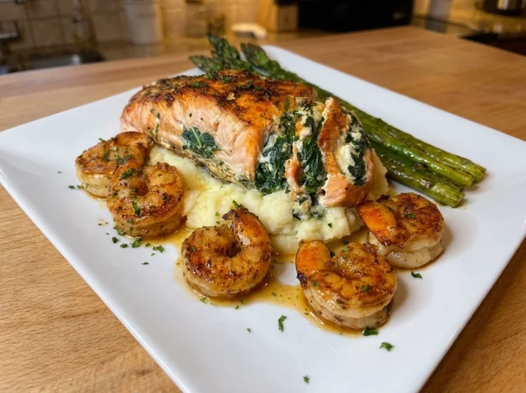 Garlic Butter Shrimp-Stuffed Salmon with Creamy Mash