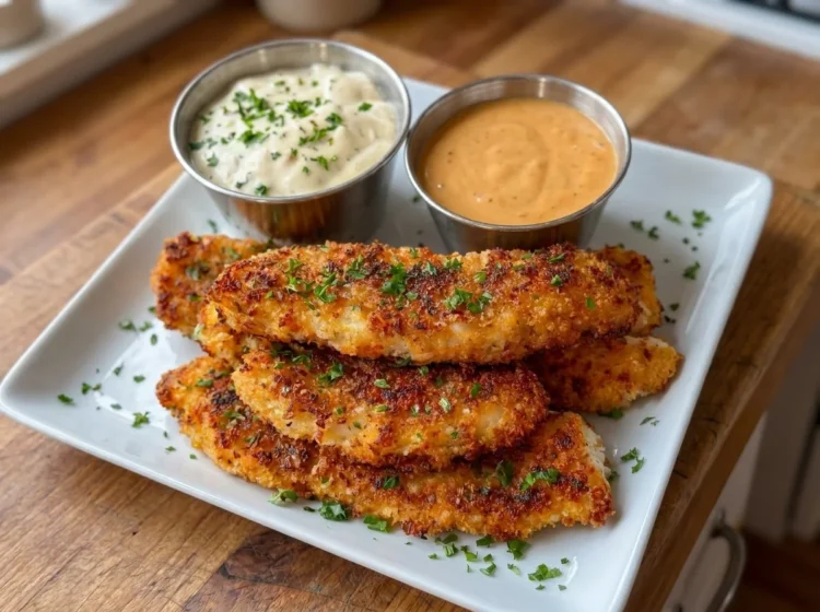 Crispy Golden Parmesan Chicken Tenders with Creamy Garlic Dip