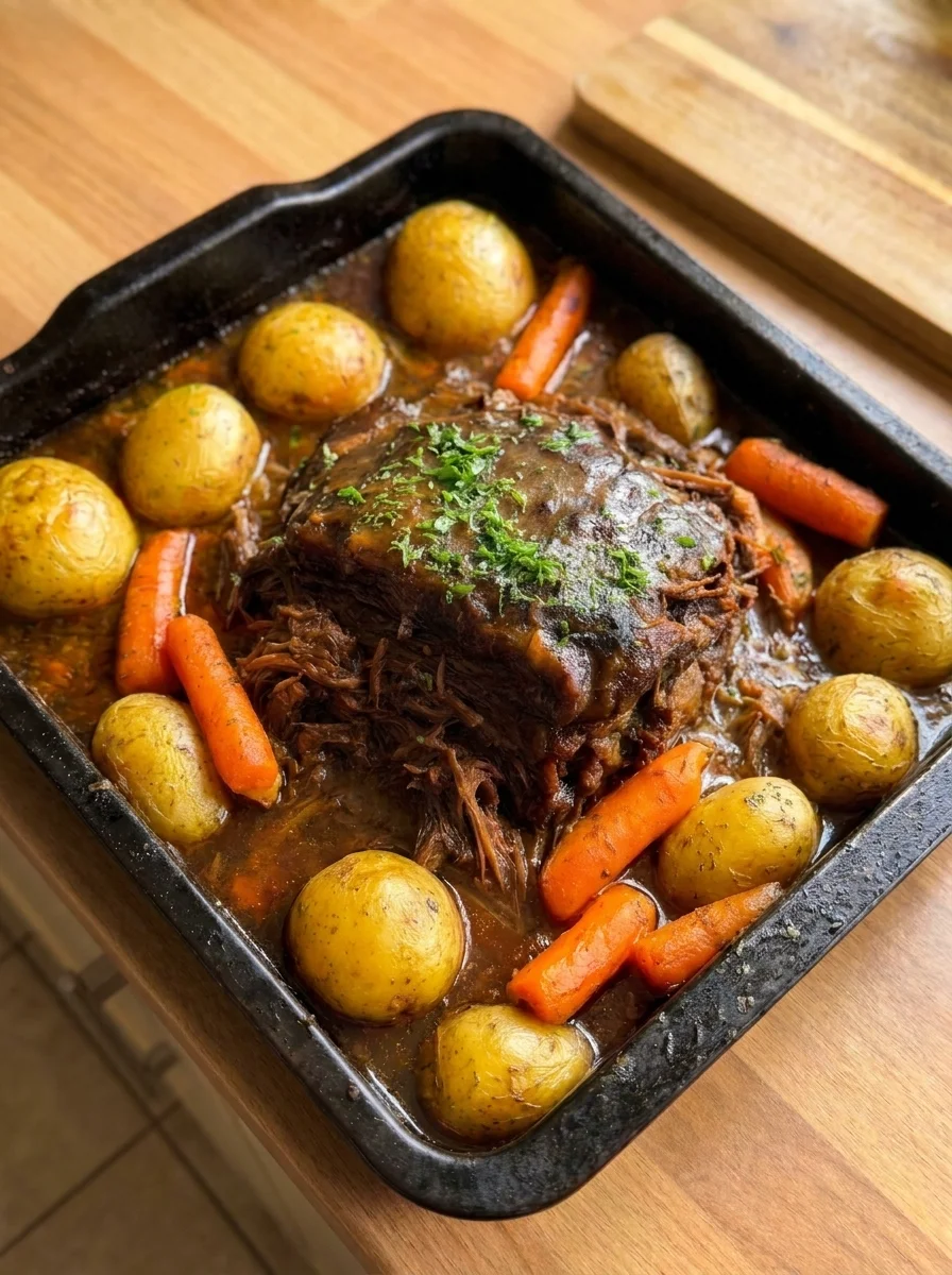 Tender Pot Roast with Potatoes Carrots Rich Gravy