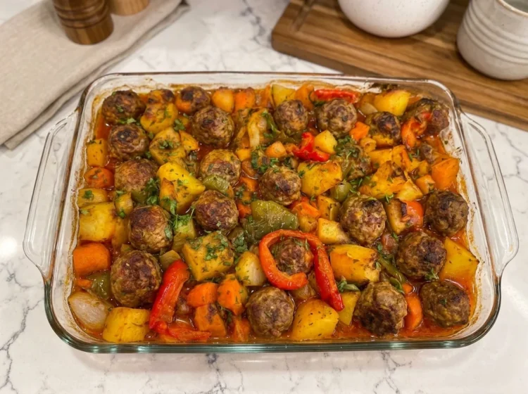 Roasted Meatball Potato Vegetable Bake