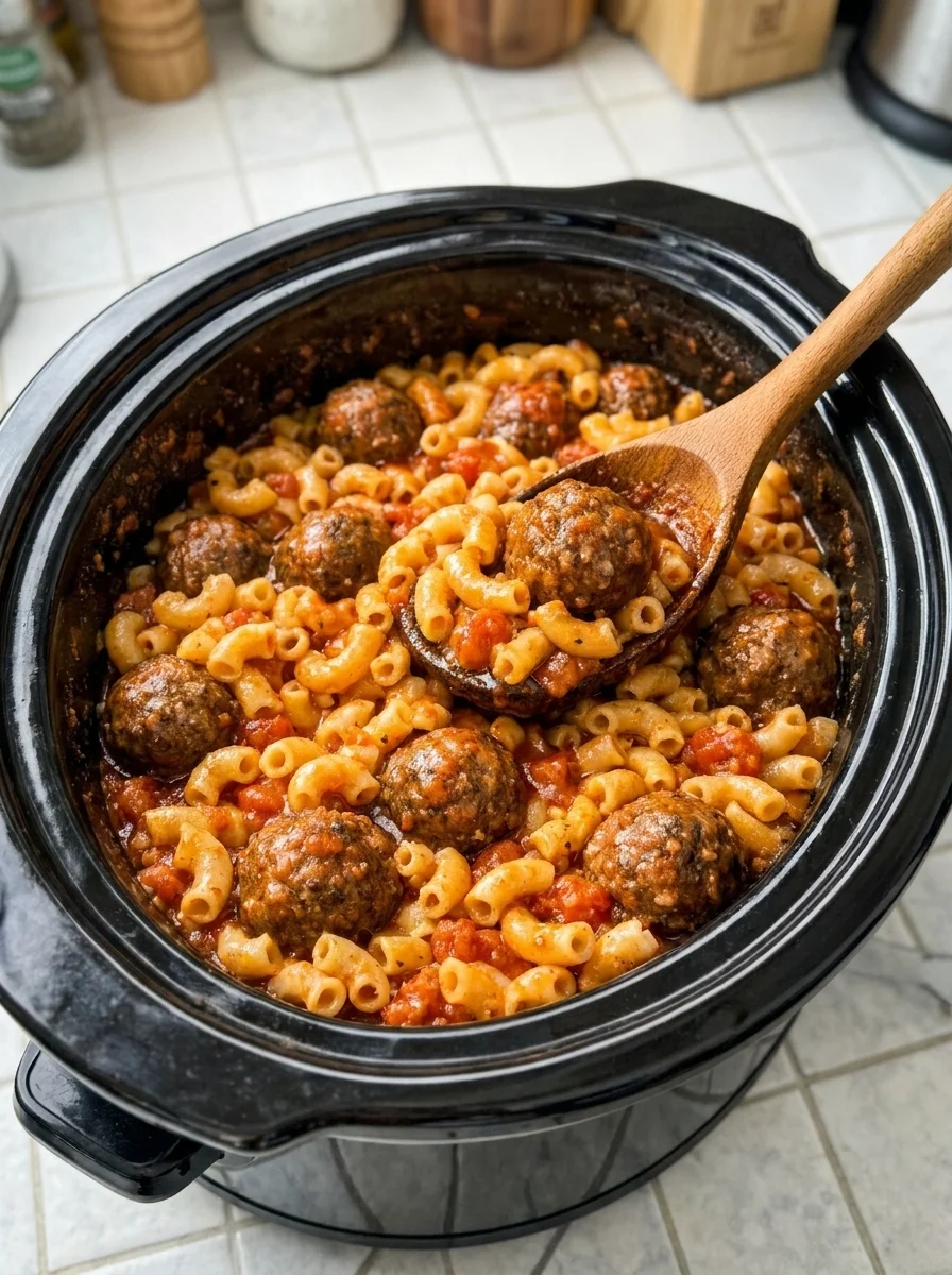 Slow Cooker Italian Meatballs with Saucy Macaroni Garlic Tomato Sauce