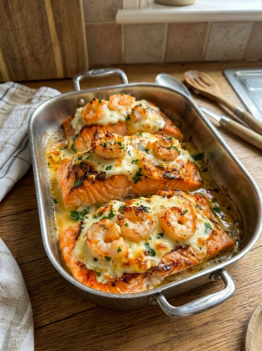 Creamy Garlic Butter Shrimp-Stuffed Salmon