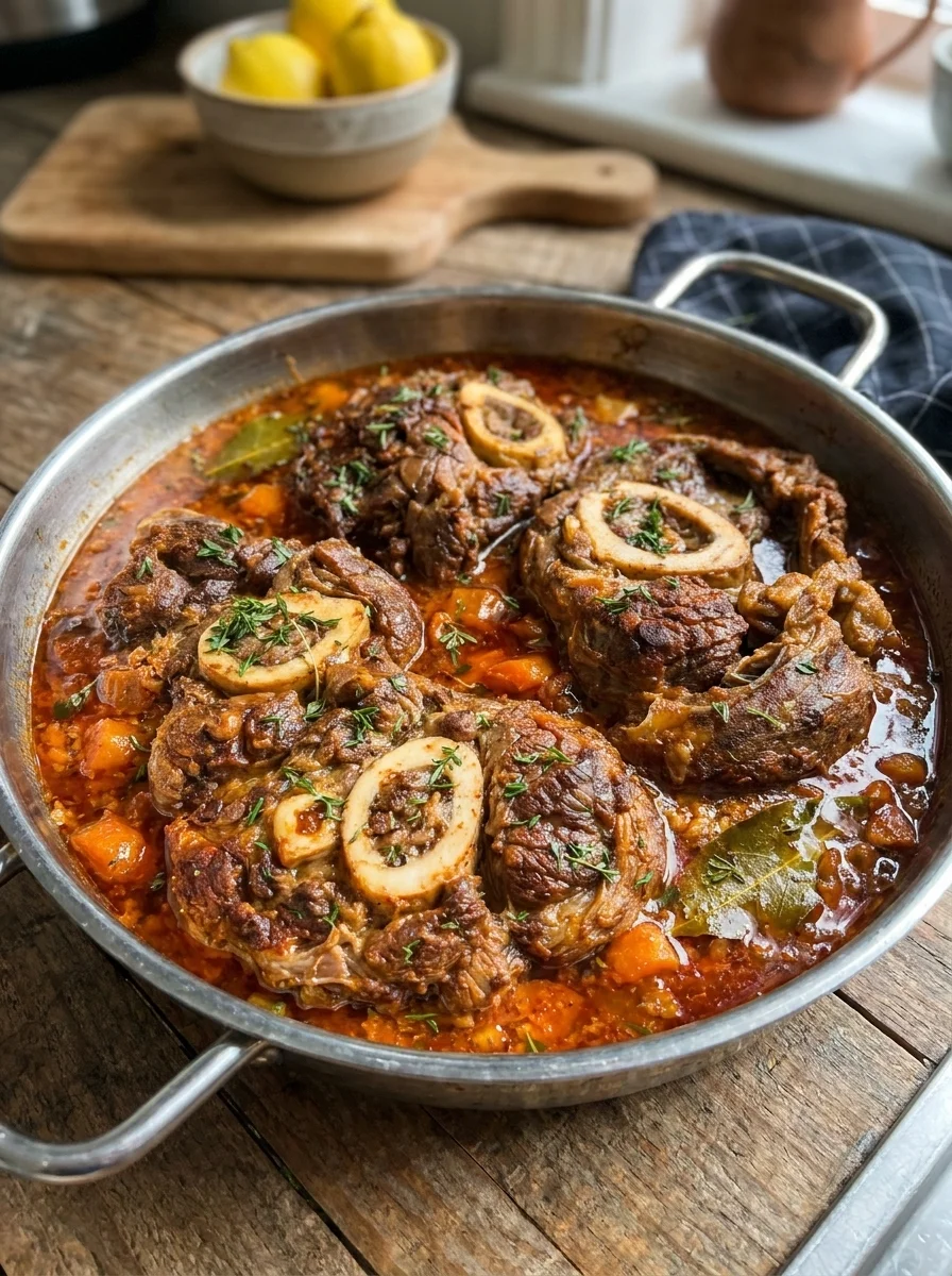 Slow-Braised Beef Shanks with Rich Tomato Gravy Fresh Herbs