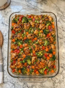 Sticky Honey Garlic Chicken Veggie Rice Bake