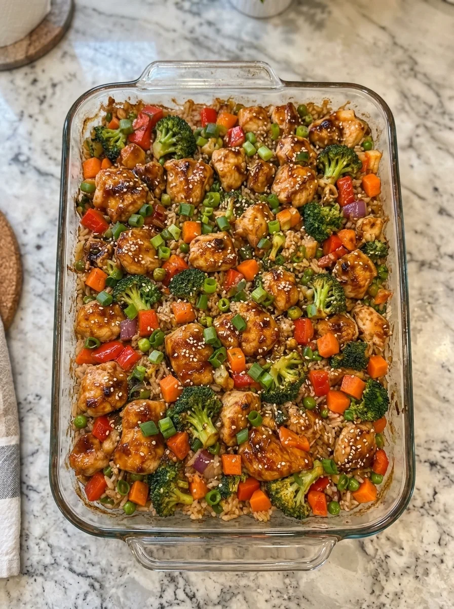 Sticky Honey Garlic Chicken Veggie Rice Bake