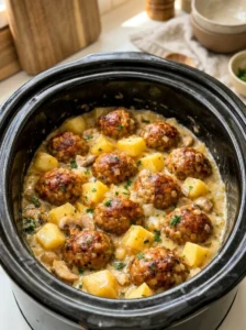 Slow Cooker Garlic Butter Meatballs with Creamy Mushroom Gravy