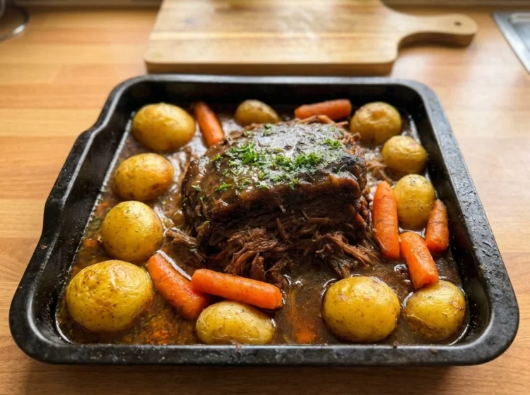 Tender Pot Roast with Potatoes Carrots Rich Gravy