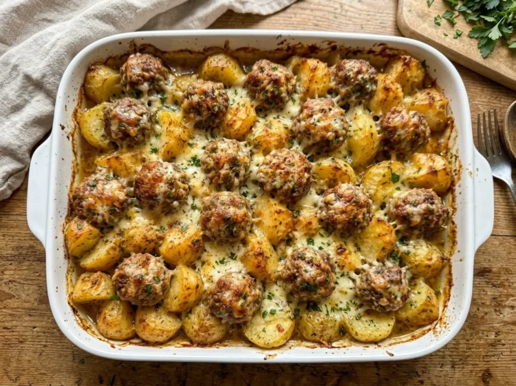 Cheesy Baked Meatballs and Potatoes with Creamy Garlic Herb Sauce