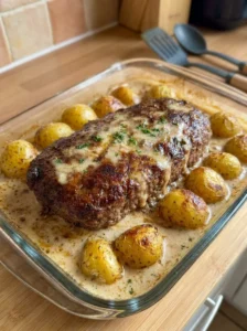 Garlic Parmesan Meatloaf with Creamy Roasted Baby Potatoes