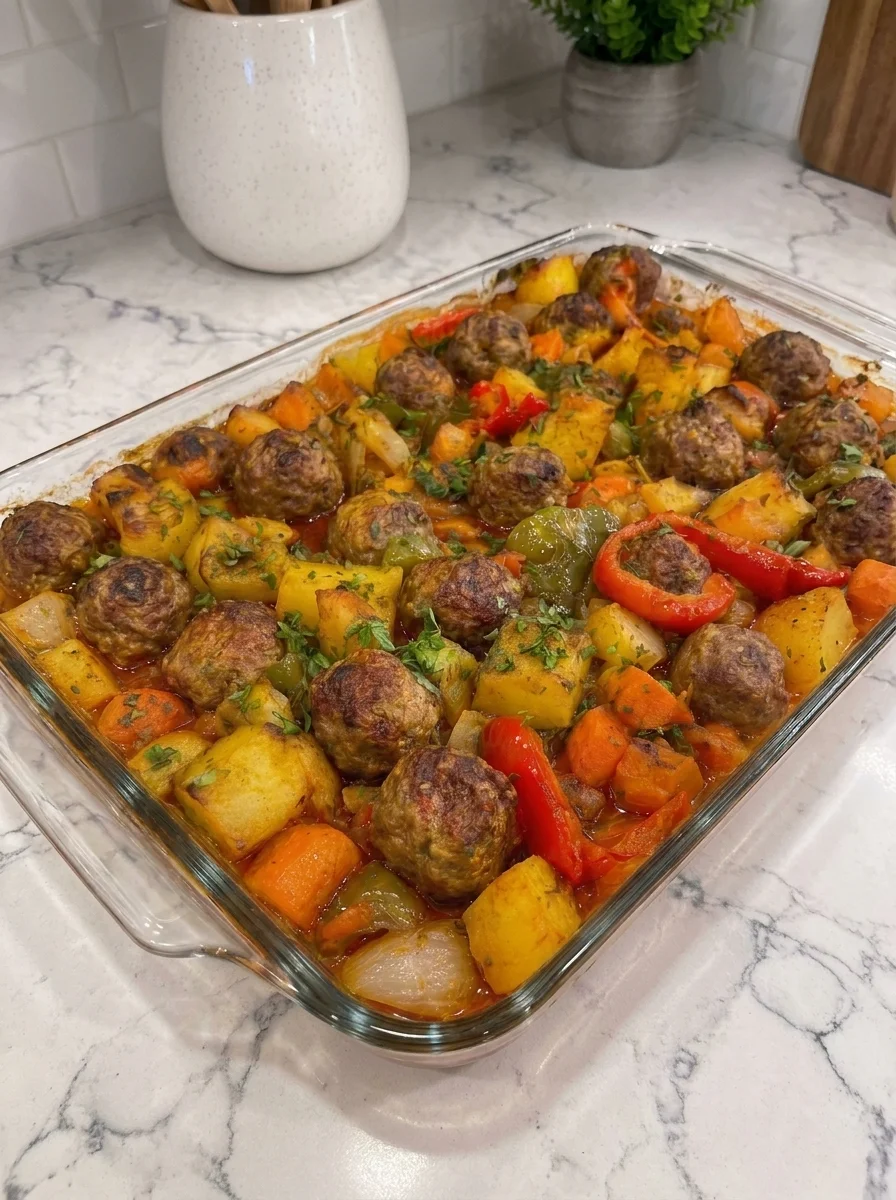 Roasted Meatball Potato Vegetable Bake
