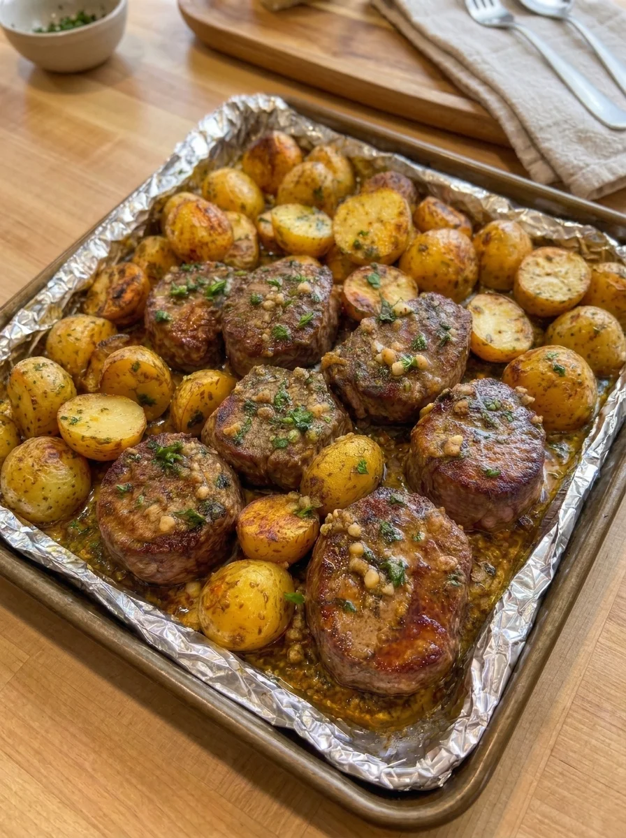 Garlic Butter Steak Bites with Roasted Baby Potatoes