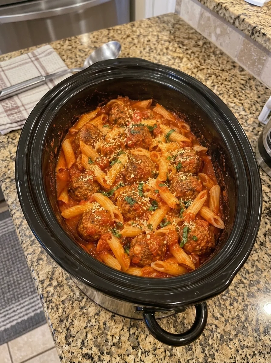 Slow Cooker Italian Meatballs Penne Pasta in Rich Tomato Sauce