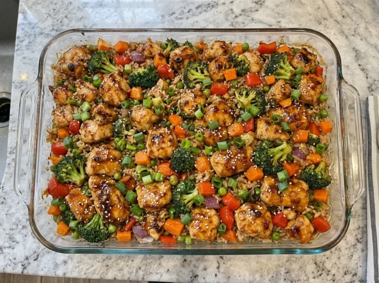 Sticky Honey Garlic Chicken Veggie Rice Bake