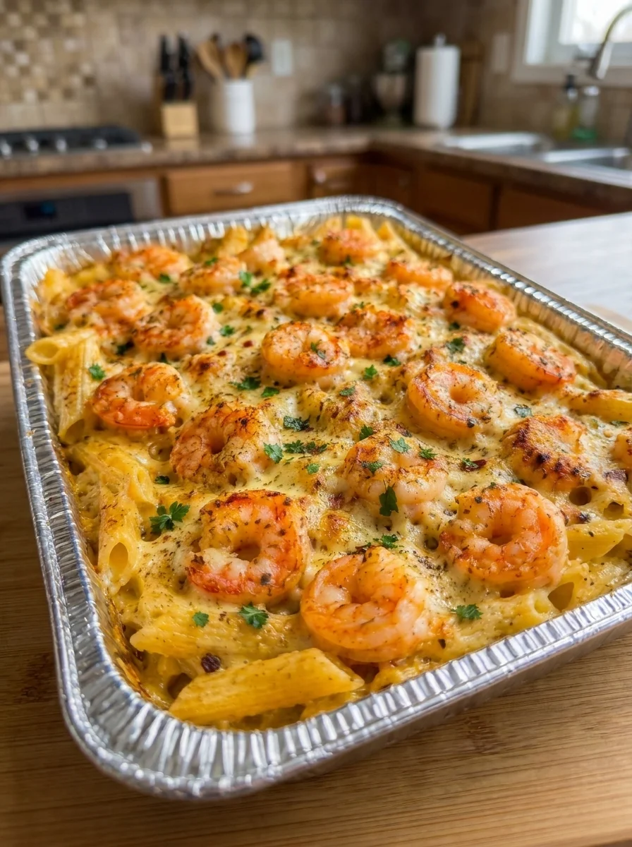 Creamy Garlic Parmesan Shrimp Pasta Bake