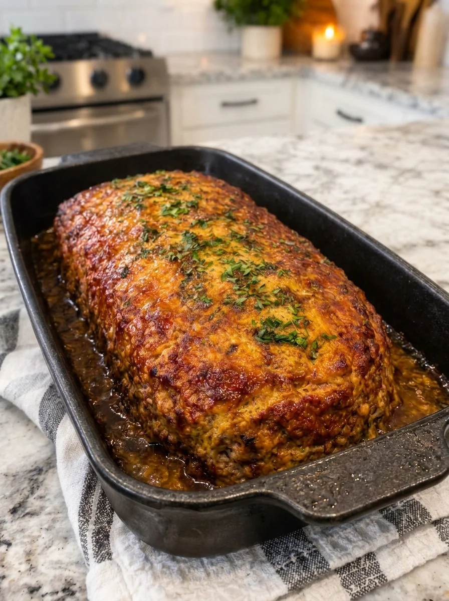 Golden-Glazed Garlic Herb Meatloaf Bursting with Buttery Flavor