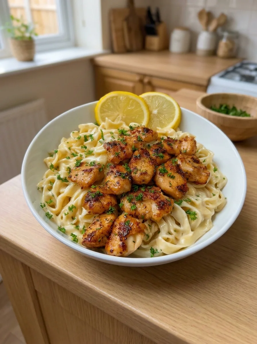 Creamy Lemon Garlic Chicken Alfredo Fettuccine